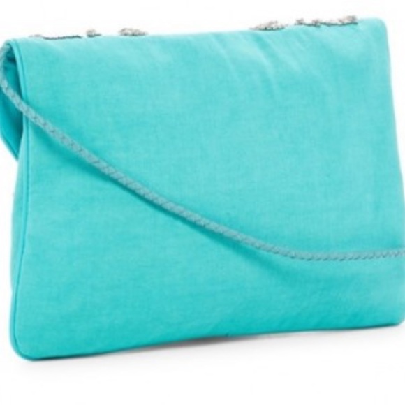 NWT Crystal Canvas Bohemian Clutch Crossbody Leather Woven Strap - Turquoise - Picture 3 of 7